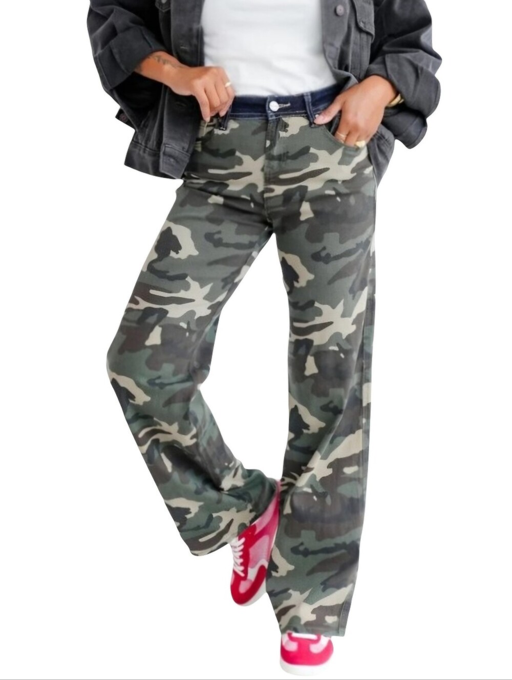 Risen Jeans Mid Rise Wide Leg Green Black Camo Jeans  28